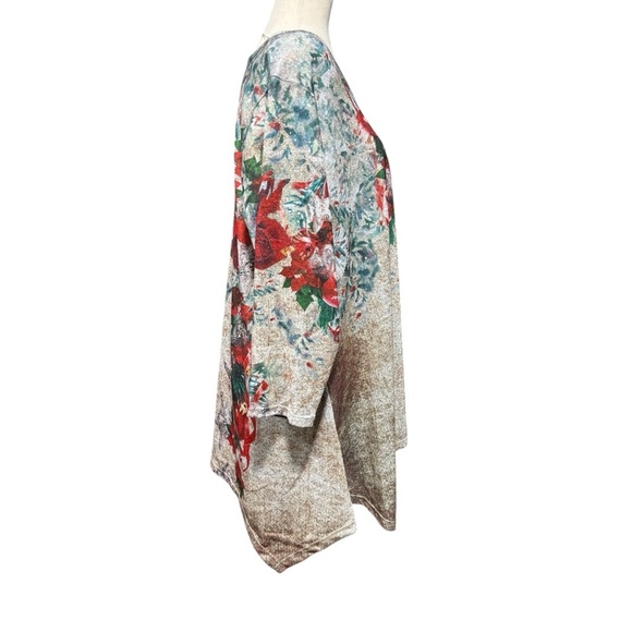 One World NWT Poinsettia Holiday Asymmetrical Top 2X Rhinestone Floral Christmas - Picture 5 of 14